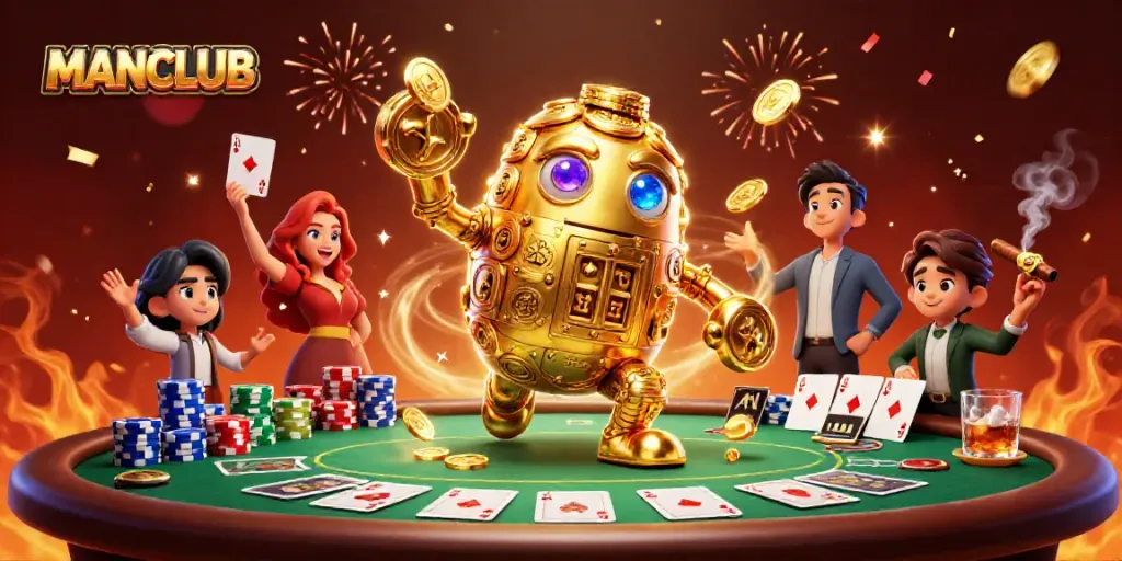 Experience the thrill of gaming with MANCLUB's vibrant casino atmosphere featuring a dazzling golden golem.