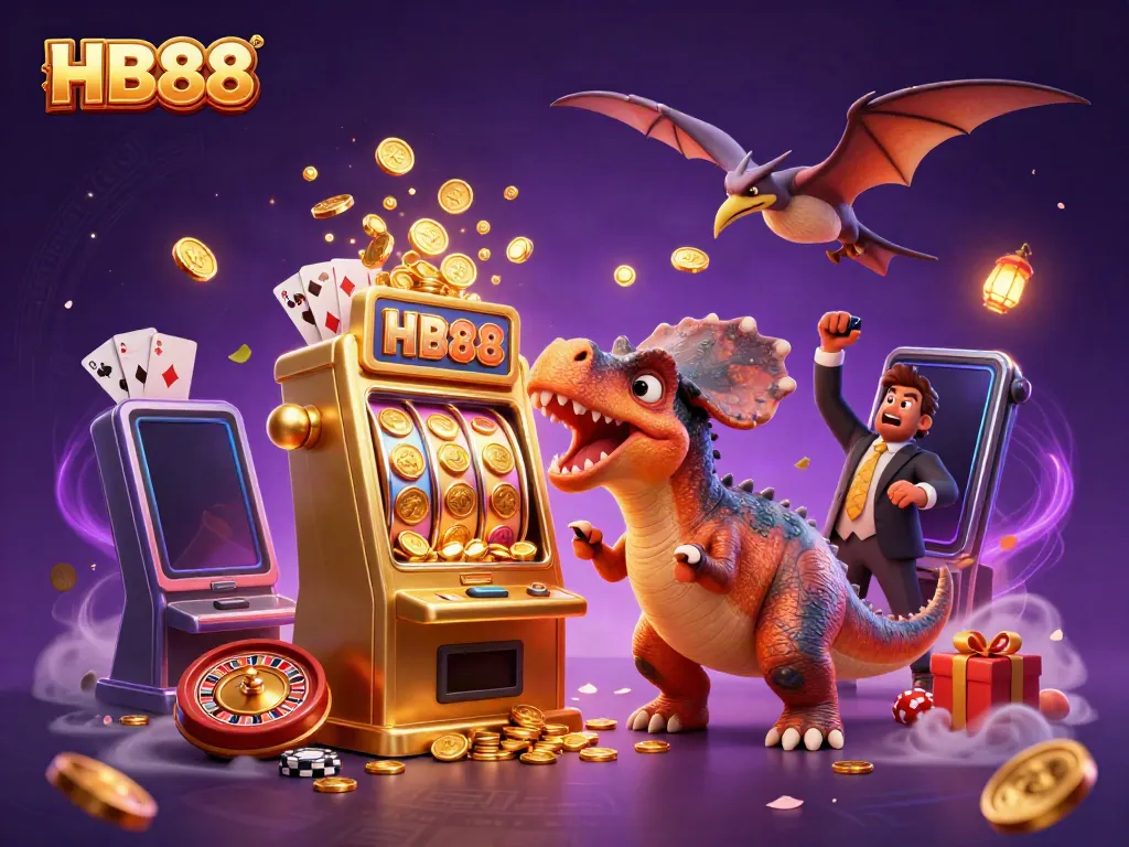 HB88 casino illustration with a dinosaur winning jackpot coins and vibrant gaming elements.