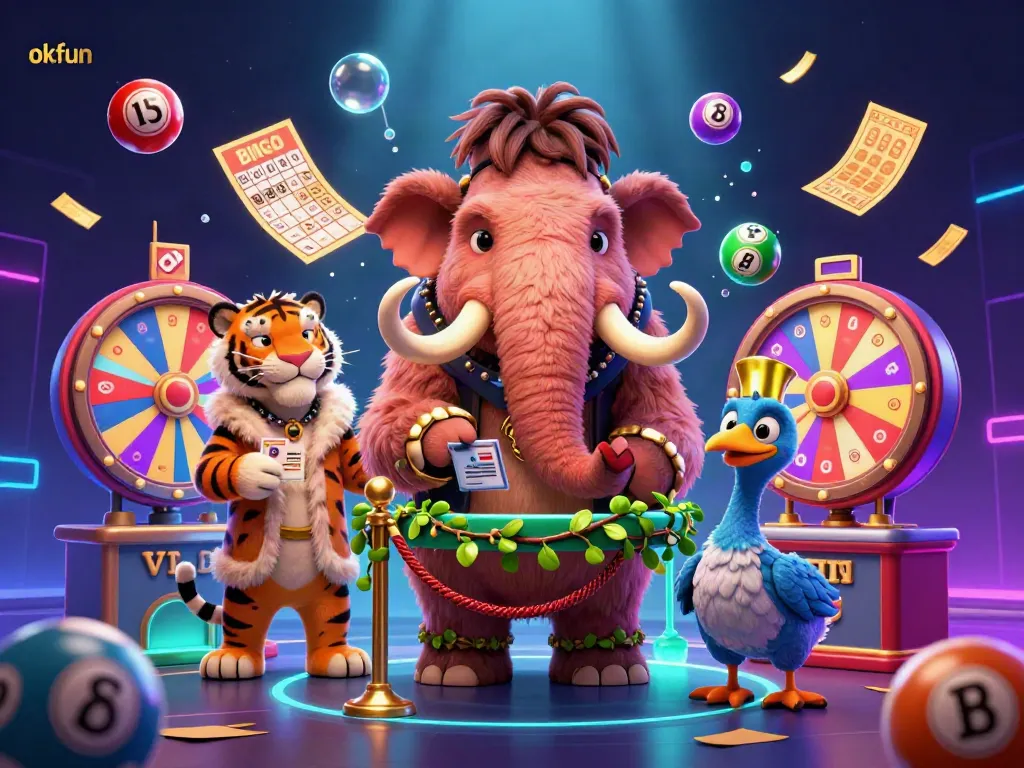 Engage with okfun's vibrant casino scene featuring a bouncer, VIP guest, and doorman amidst a fiesta of colorful lottery balls and gaming elements.