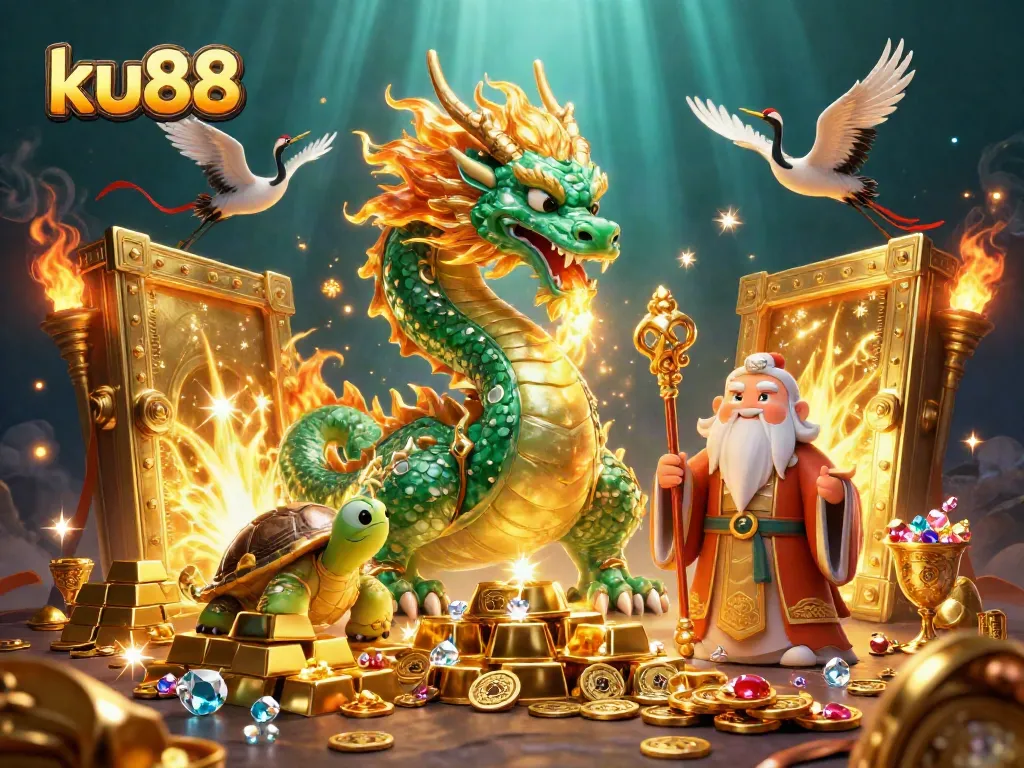 Engage in thrilling gaming with ku88, featuring a vibrant dragon illustration amidst a treasure-filled scene.
