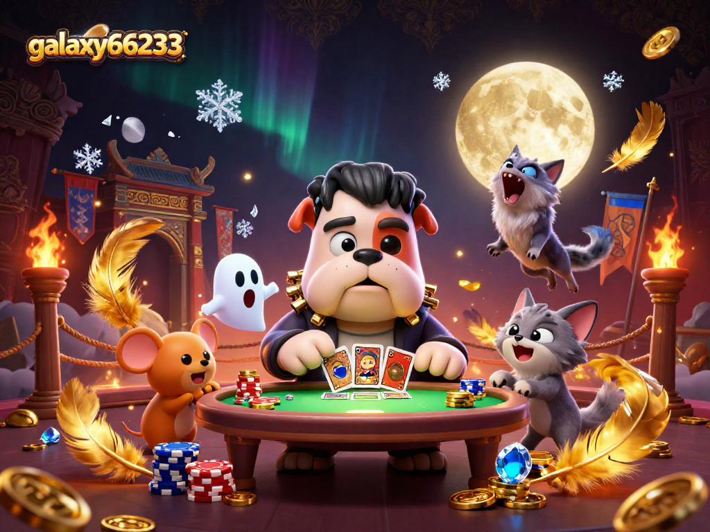 Experience thrilling gameplay at galaxy66233 with a cartoon casino scene featuring diverse characters and elements.