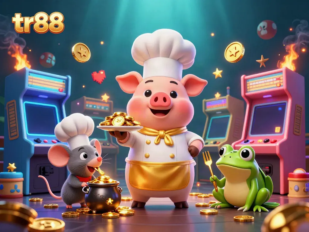 Engage with the thrill of tr88 as a chef pig serves gold coins, surrounded by arcade machines.