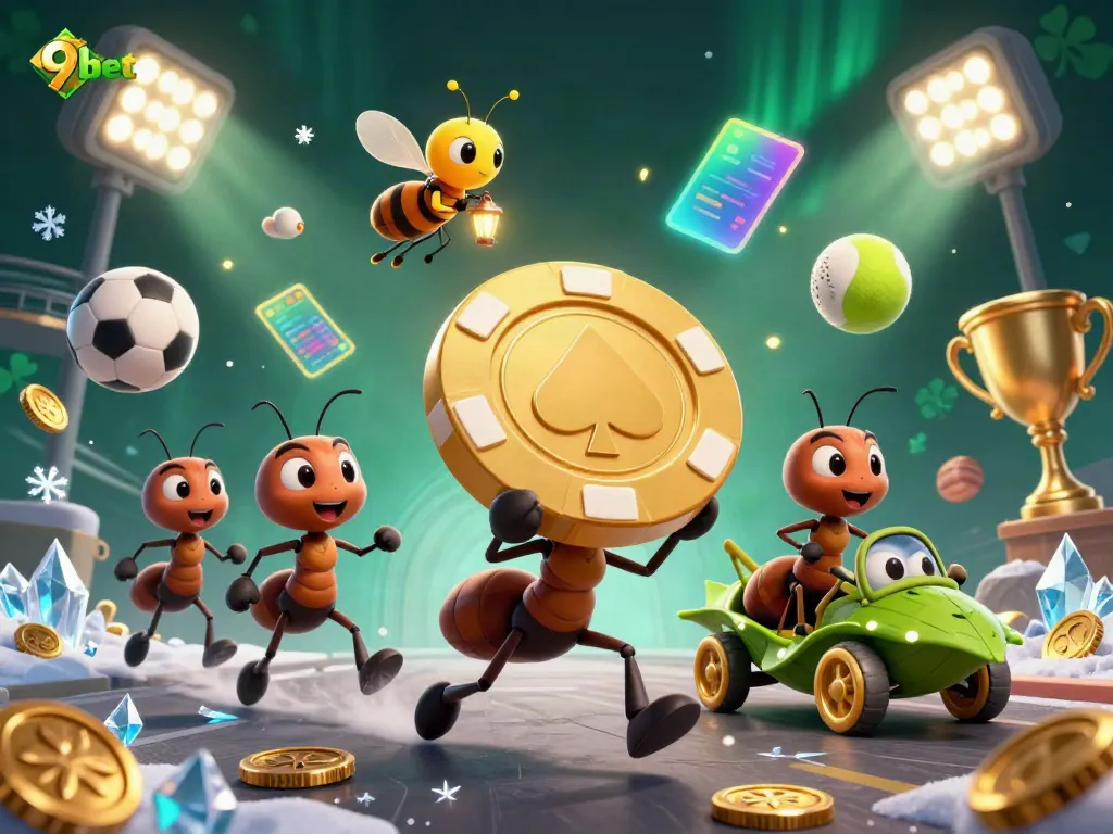 Ants carrying a giant poker chip in a vivid 9bet casino scene, showcasing an exciting heist.