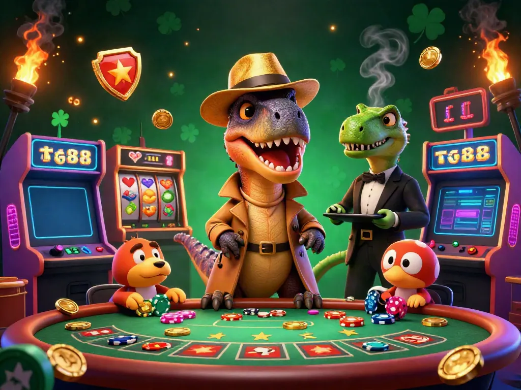 Experience tg88's thrilling blackjack scene with a velociraptor card counter and casino elements.