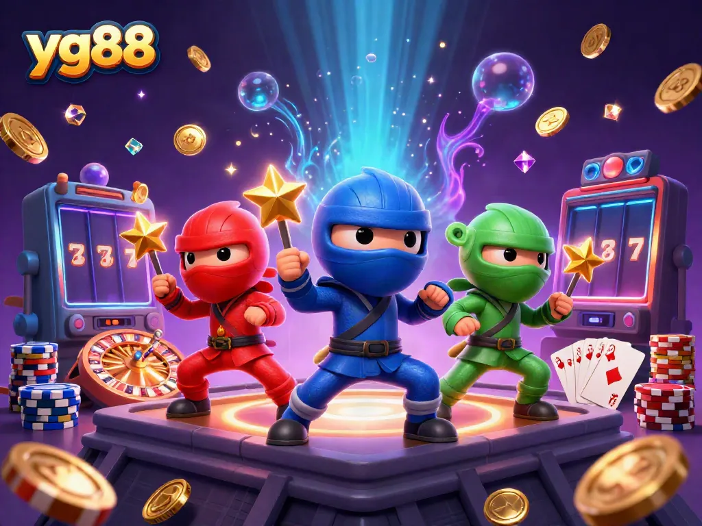 Engage with the exciting world of yg88, featuring colorful ninja chameleons in dynamic martial art poses amidst cascading casino elements.