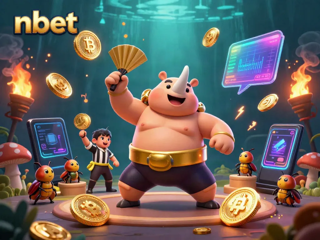 Engage in thrilling gameplay at nbet as a beetle champion stomps sending gold coins scattering in a vibrant casino scene.