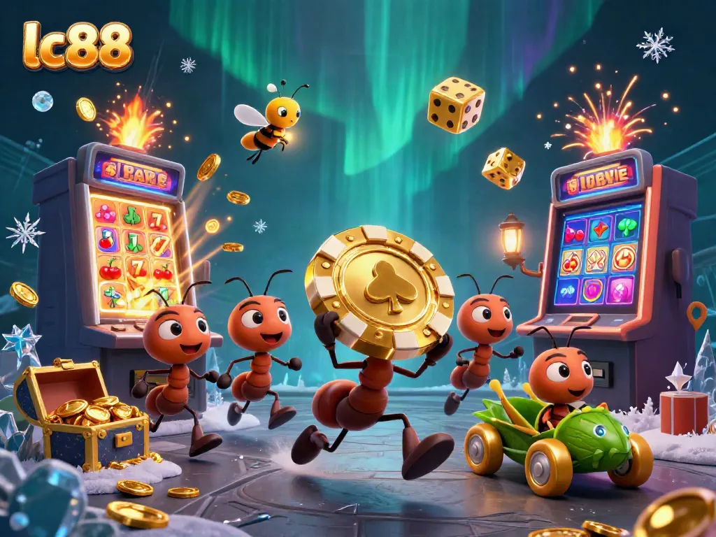 lc88 ants in a heist with golden poker chip amidst dynamic casino elements and vivid colors
