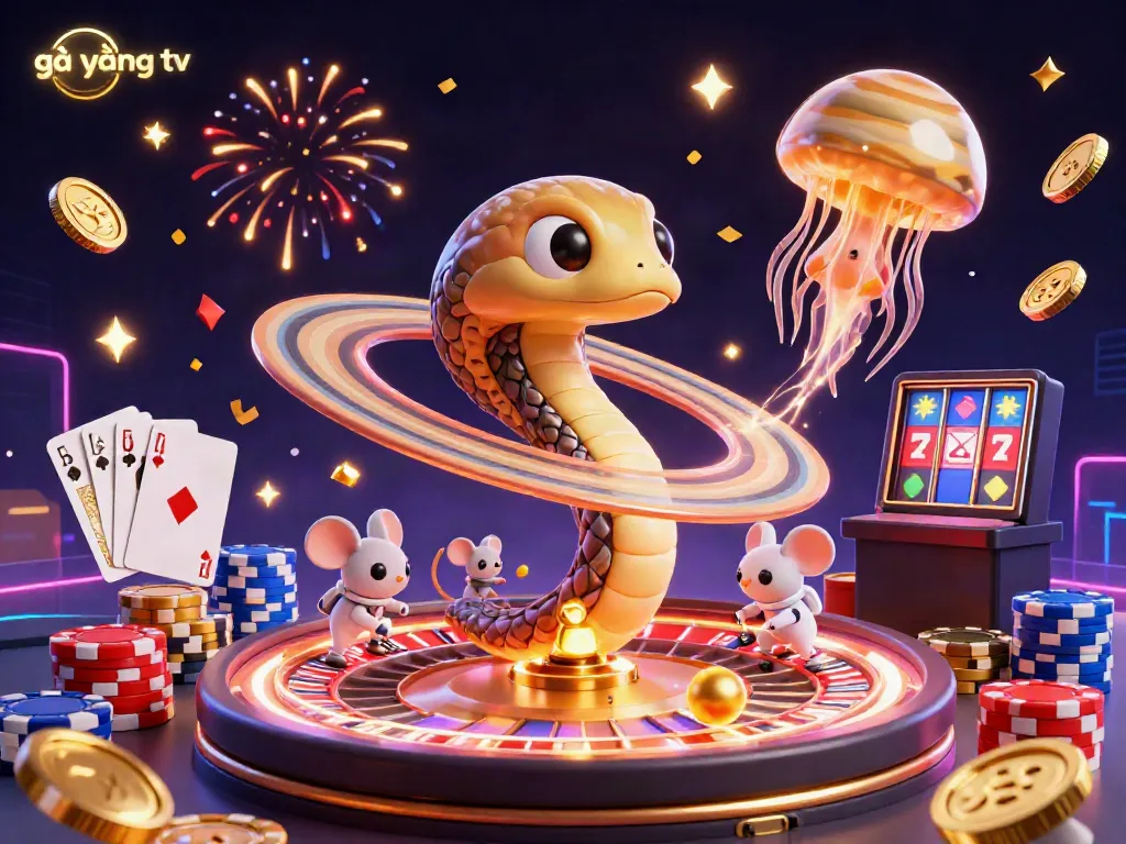 Engage with gà vàng tv in a vibrant 3D cosmic casino scene filled with playful astronaut mice and gold coins.