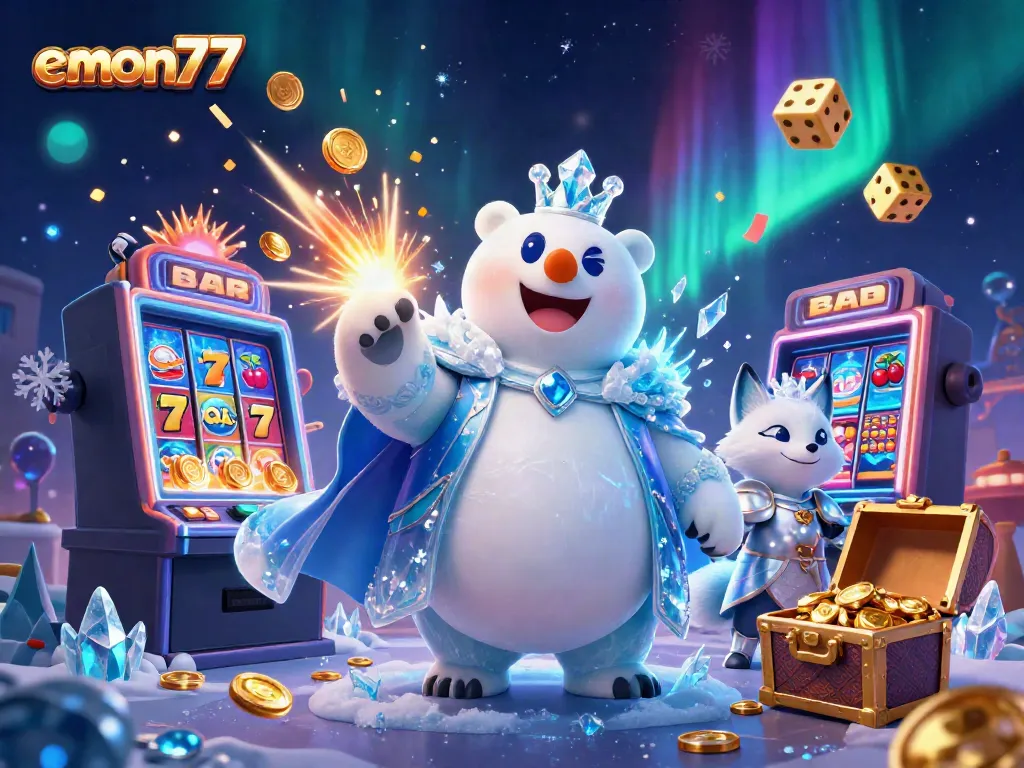 Experience the thrill of emon77 with a vibrant 3D casino scene featuring polar characters and jackpot excitement.