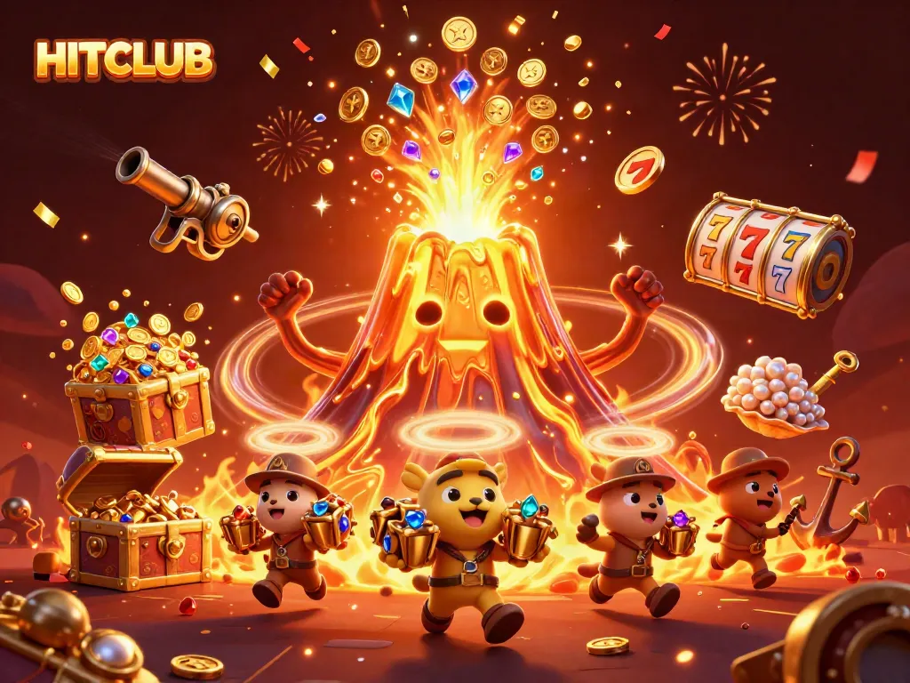 Experience excitement at HITCLUB with vibrant treasures and dynamic casino elements in a celebratory scene.