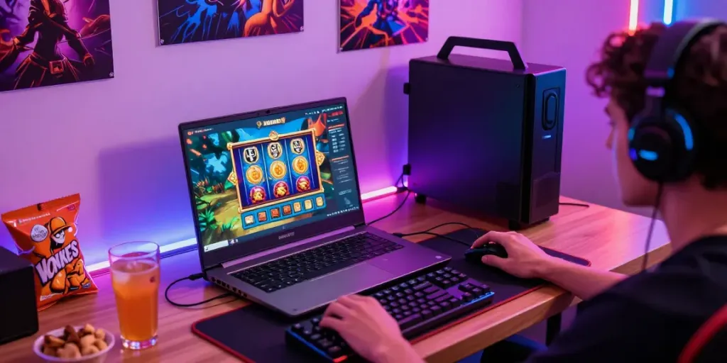 Player immersed in Harta88 gaming experience with vibrant visuals and modern setup.