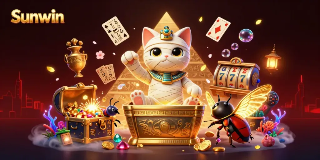 Experience the excitement of Sunwin with a mummy cat bursting from a sarcophagus amidst casino treasures.