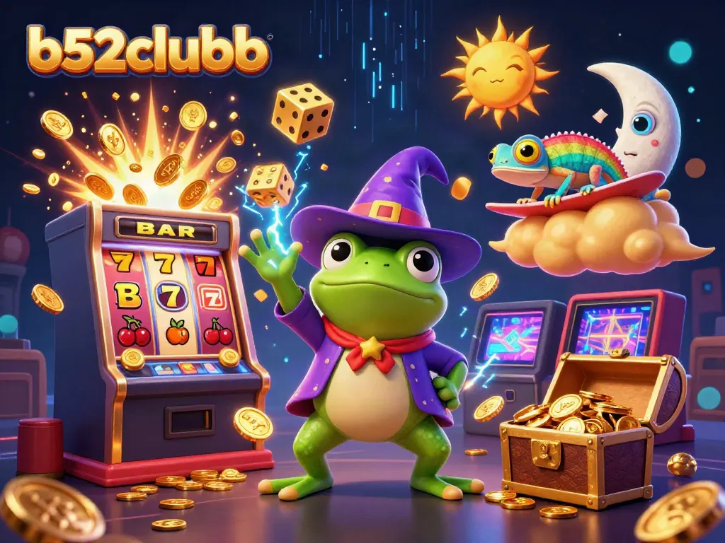 Experience the thrill of b52clubb with vibrant characters and dynamic casino elements in an enchanting 3D scene.
