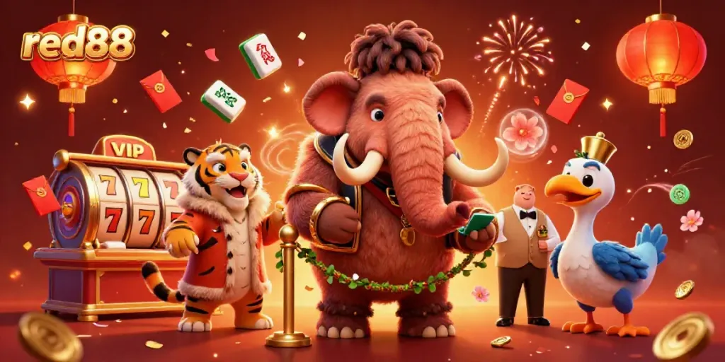 Experience exciting thrills at red88 with a vibrant casino scene featuring unique characters and festive elements.