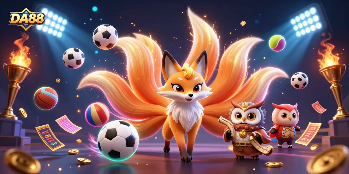 Engage with DA88 in this vibrant 3D illustration showcasing a colorful nine-tailed fox and wise owl amidst dynamic sports elements.