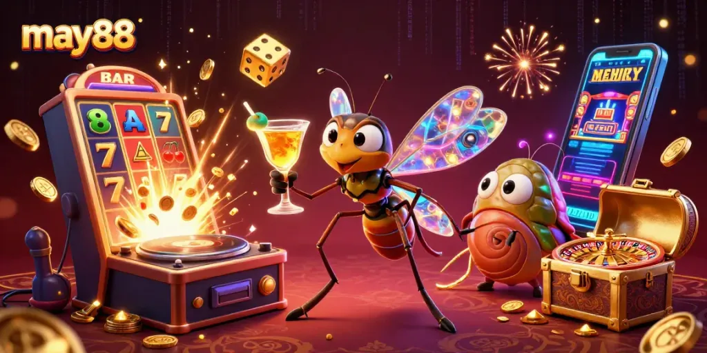 Experience may88's vibrant casino world with a lively mascot and thrilling game elements.