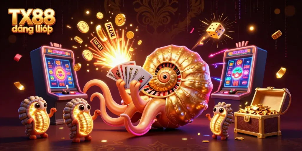 Engage with the thrilling TX88 đăng nhập experience featuring vibrant casino elements and a lively 3D scene.
