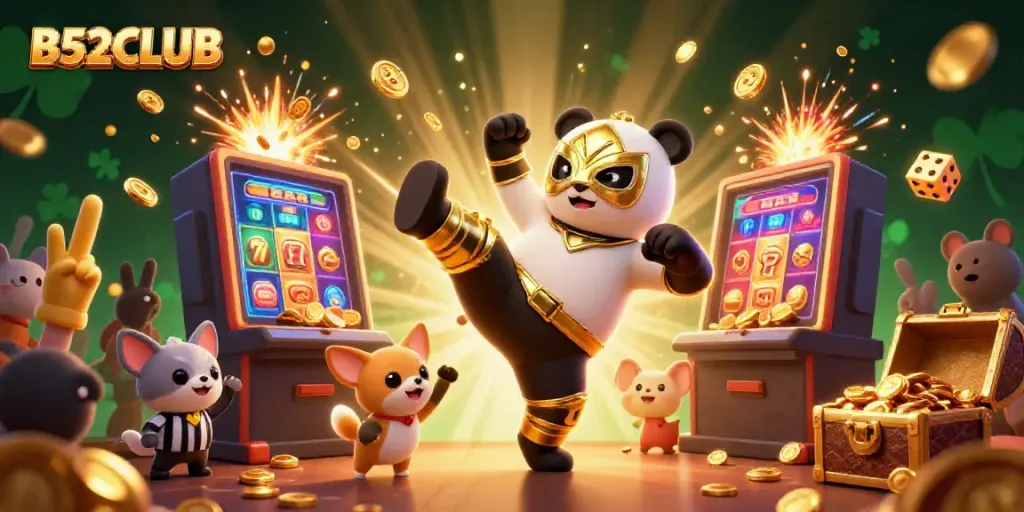B52CLUB thrilling gambling scene with a panda wrestler, chihuahua referee, and excited animal crowd.