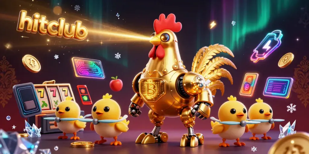 Engage with hitclub through vibrant casino scenes featuring golden rooster robot and crypto elements.