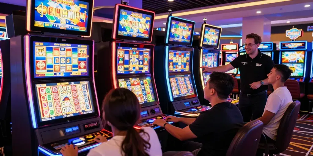 Exciting slot gaming experience with vibrant machines and players at a modern casino.