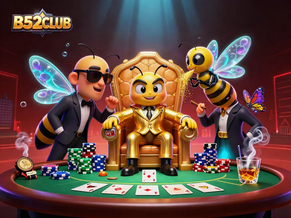 B52CLUB features a vibrant 3D scene showcasing characters in a high-stakes poker setting with dynamic elements.