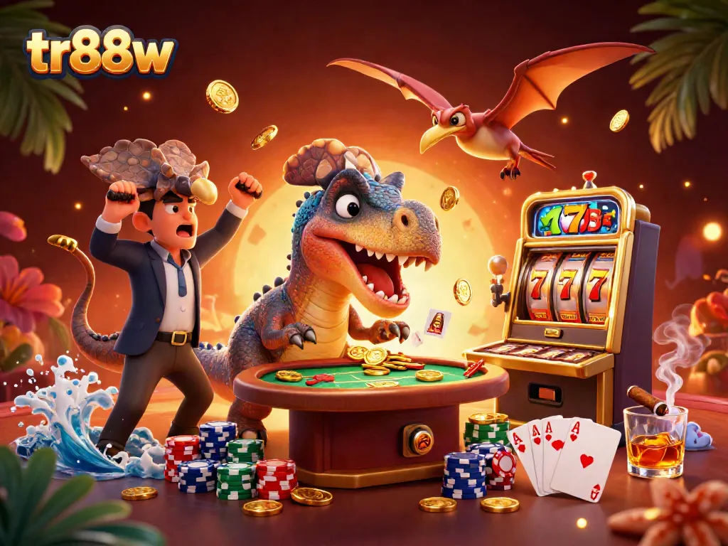 tr88w jackpot scene with a dinosaur winning coins and exciting gambling action