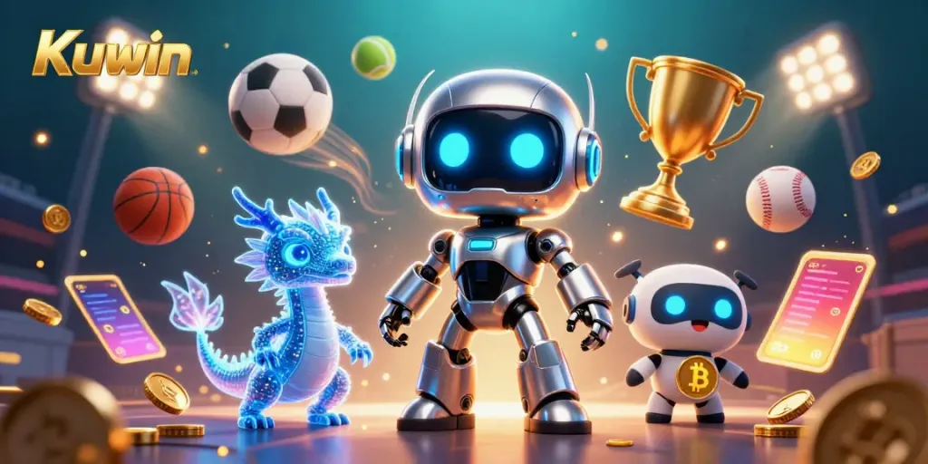 Kuwin features a cyberpunk robot, AI dragon, and bitcoin drone amidst lively sports betting elements.