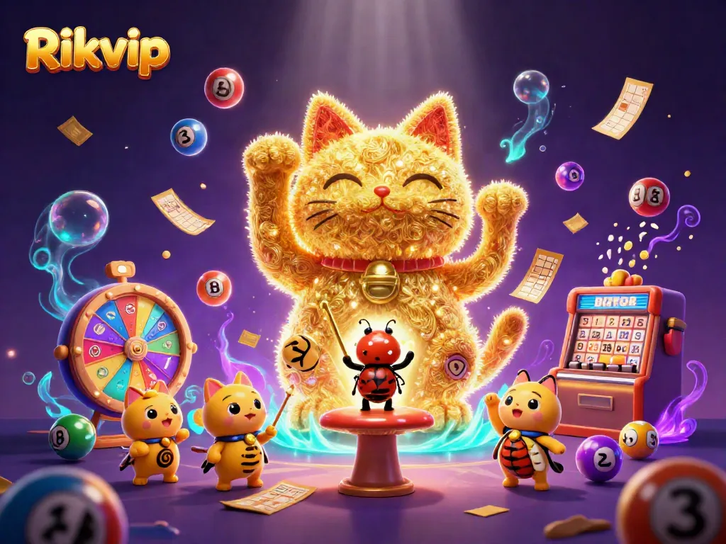 Rikvip showcases a captivating 3D illustration of a golden lucky cat and vibrant casino elements celebrating gambling excitement.