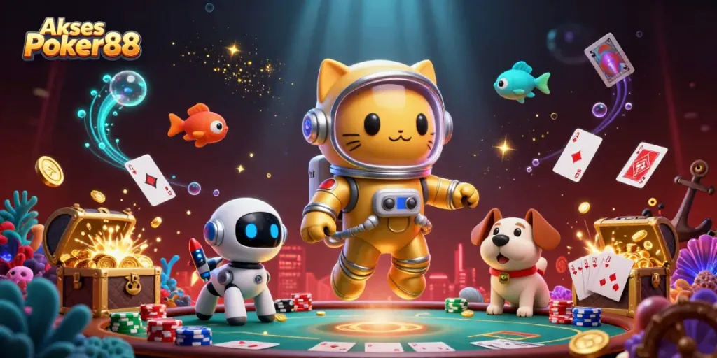 Engage in exciting poker action with Akses Poker88 amidst a vibrant casino-themed galaxy.