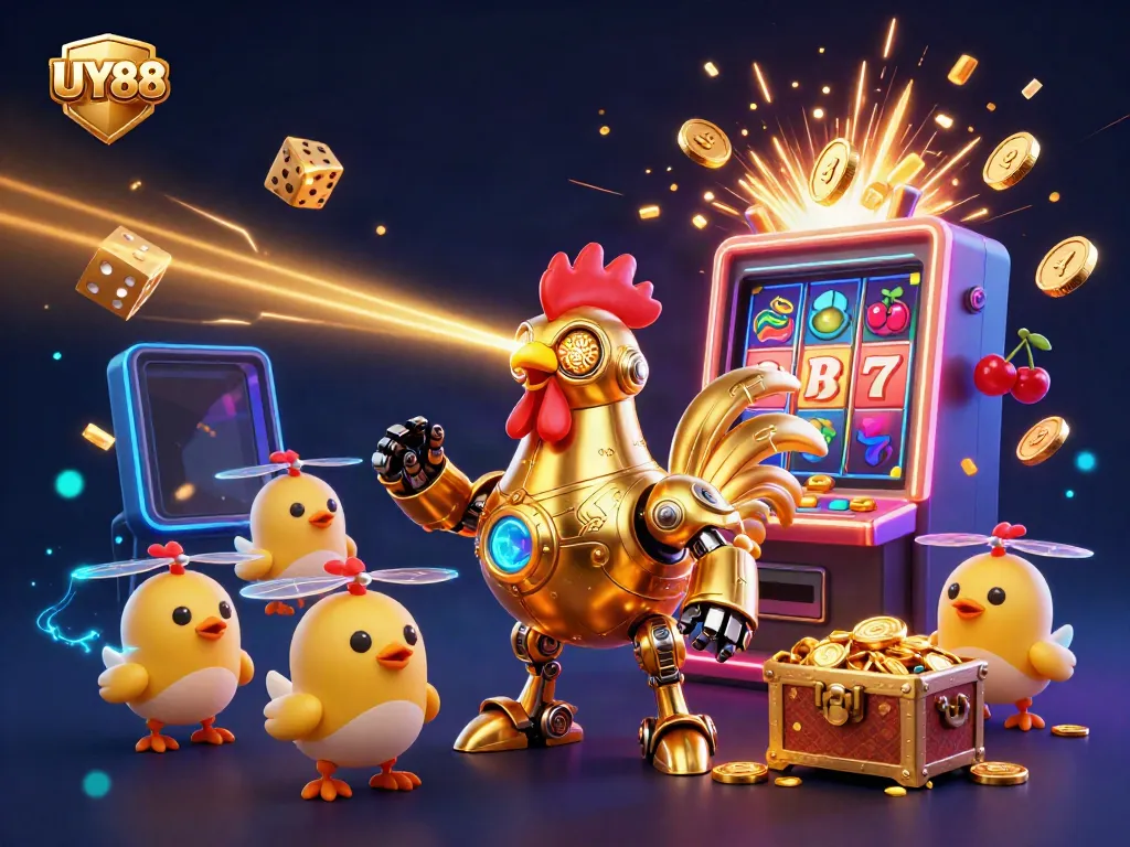 Win big with UY88's exciting casino games, featuring a futuristic golden rooster robot and vibrant slot machine elements.