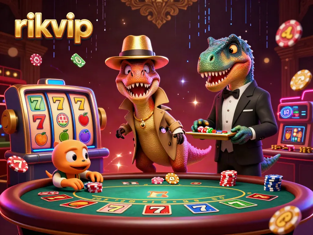 rikvip showcases a thrilling blackjack scene with a velociraptor counter and stegosaurus pit boss amid vibrant casino elements.