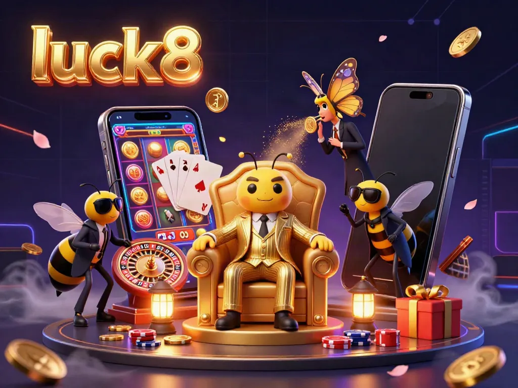 Engage in exciting gameplay with luck8 featuring a 3D bee mob boss surrounded by slot game elements.