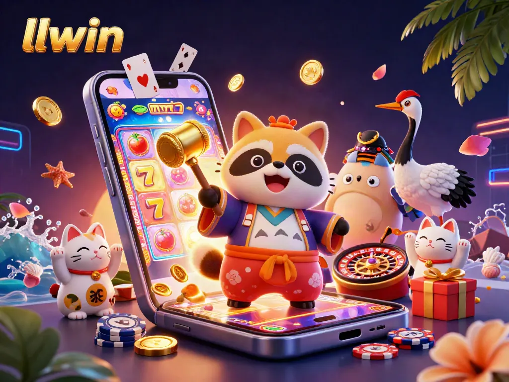 Experience the excitement of llwin with a vibrant casino-themed 3D illustration, featuring lucky symbols and characters.