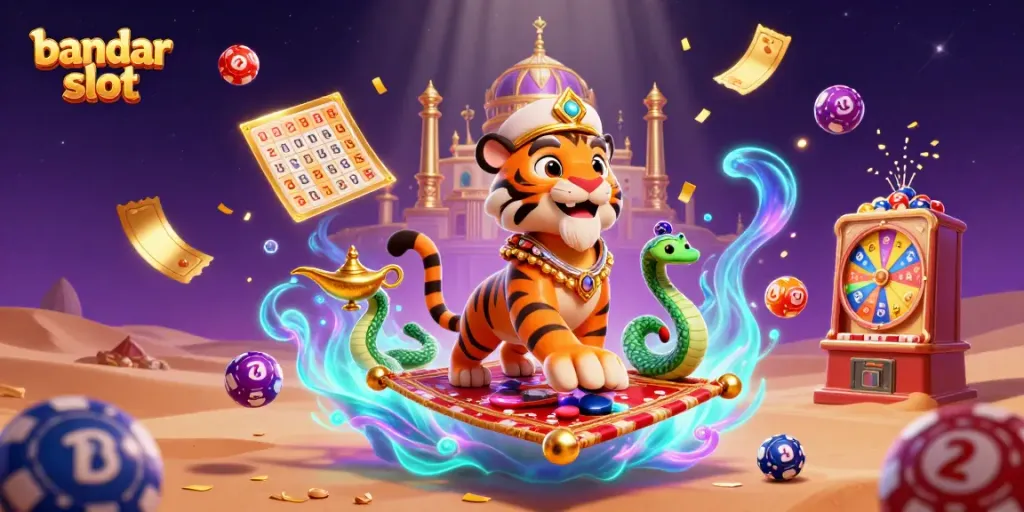 Engage with bandar slot in an ultra-detailed 3D casino scene featuring a tiger sultan and vibrant game elements.