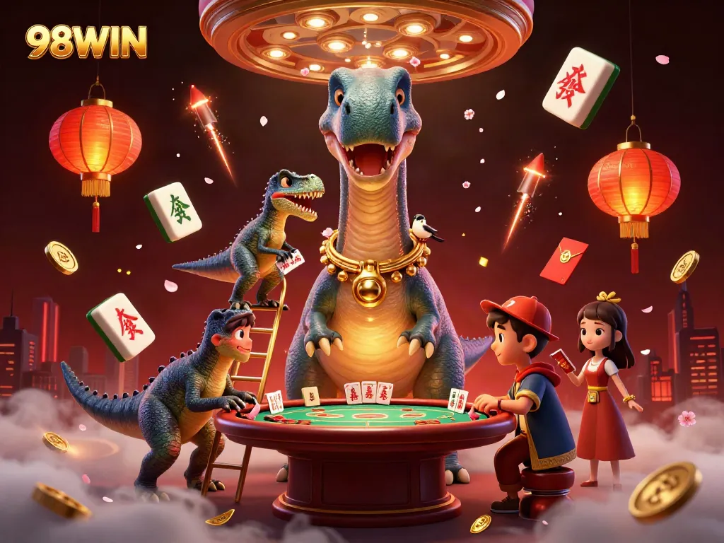 98WIN captures the excitement of gambling with a dynamic casino scene featuring a brontosaurus, raptor dealer, and festive elements.