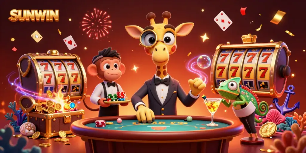 SUNWIN casino illustration of a high-roller giraffe and comical characters celebrating with slot machines and treasures