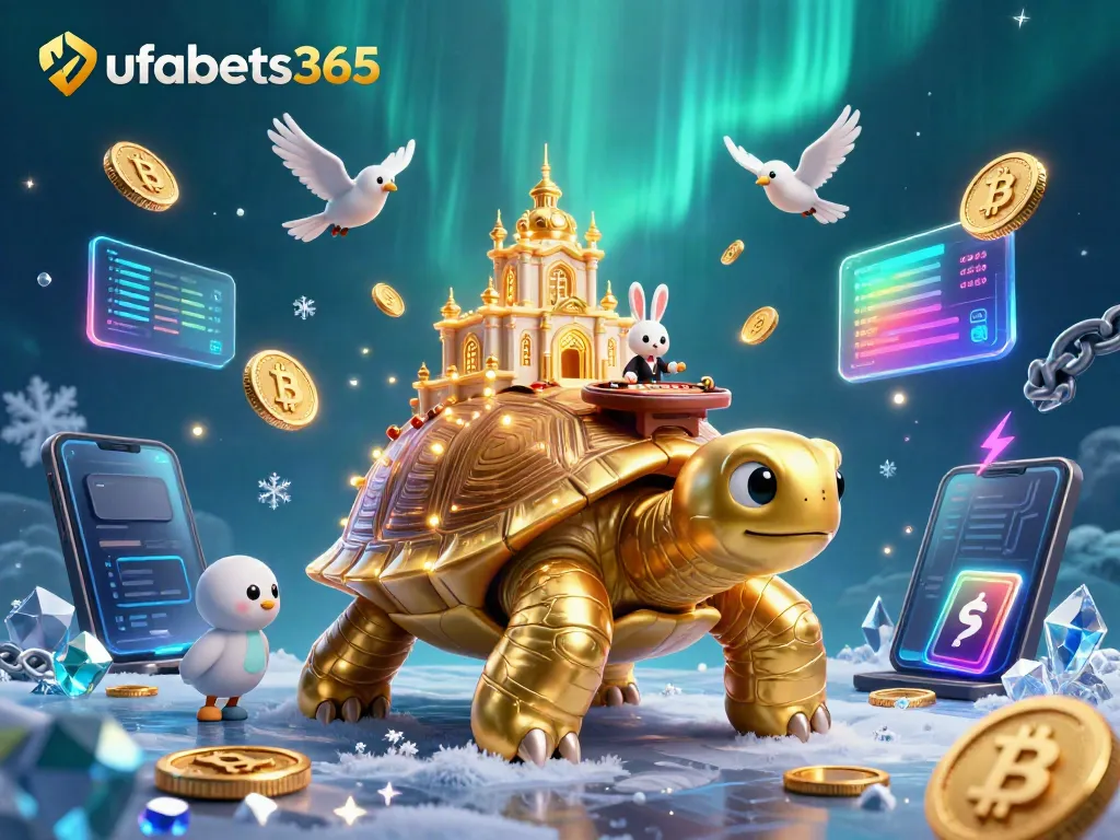 Experience the excitement of ufabets365 with a vibrant 3D casino scene featuring a golden tortoise casino and dynamic game elements.