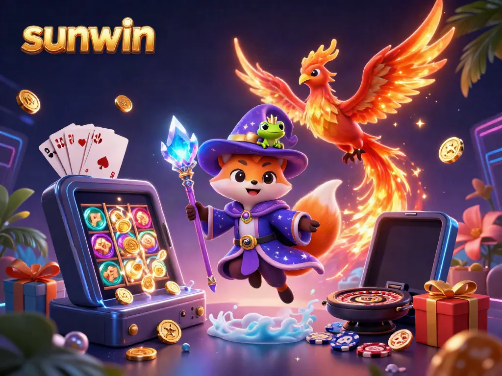 Watch the sunwin wizard fox cast magic with a phoenix amid vibrant casino games.