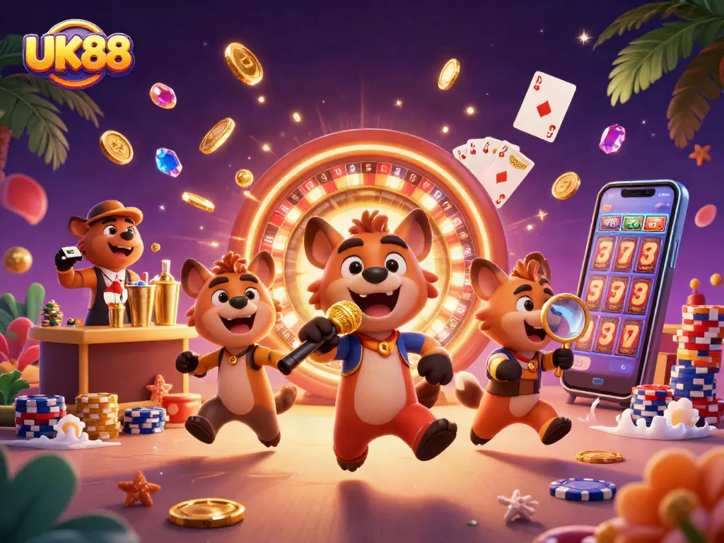 Engage with UK88's vibrant casino scene featuring lively hyenas in a comedy club.