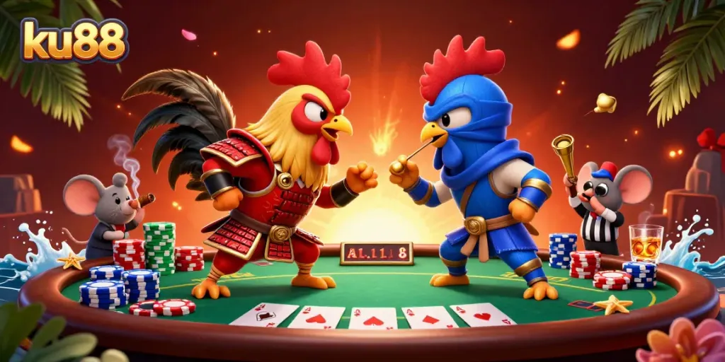 Engage with immersive gameplay in ku88, featuring a vibrant standoff of cartoon roosters at a poker table.