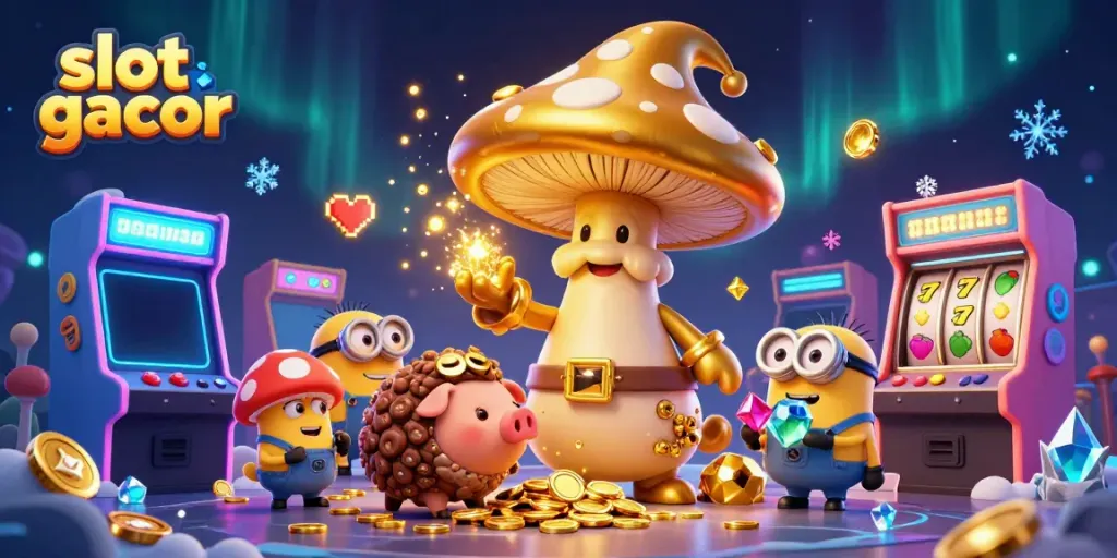 Slot gacor menampilkan penyihir raksasa kartu dengan latar belakang slot yang gemerlap.