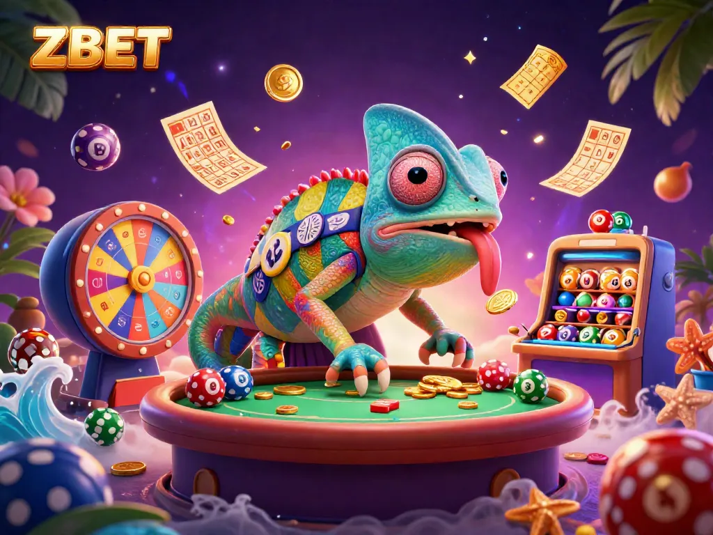 Engage with ZBET, the vibrant casino world featuring a colorful chameleon owner amidst dynamic gaming elements.