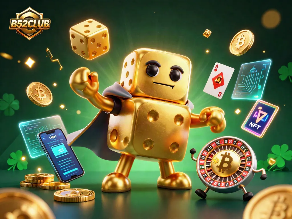Engage with the dynamic B52CLUB casino scene featuring golden dice and vibrant crypto elements.