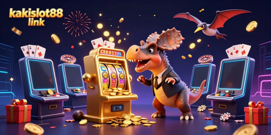 Kaksilot88 link: permainan slot gacor menampilkan dinosaurus mengeluarkan jackpot emas.