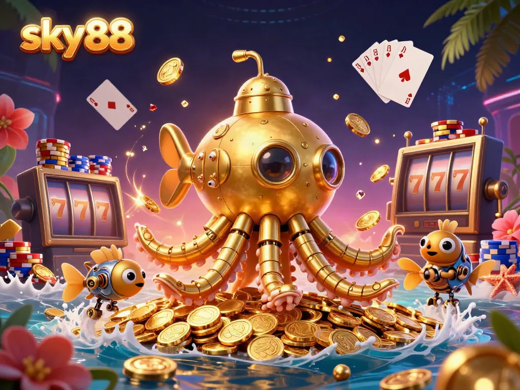 Experience thrilling gameplay with the dynamic sky88 kraken submarine amidst golden coins and lively slot machine symbols.