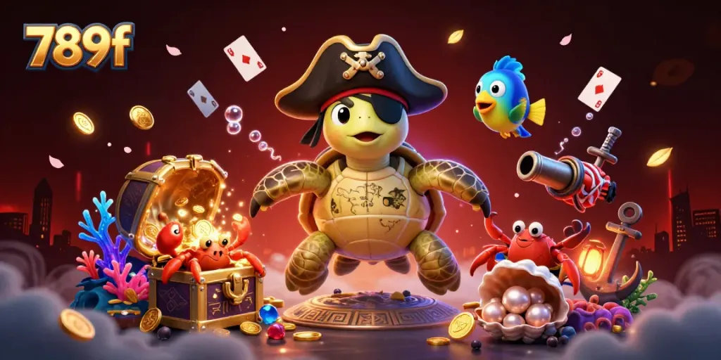 789f showcases a thrilling underwater casino scene with a pirate turtle, crab, and parrotfish amidst treasure.