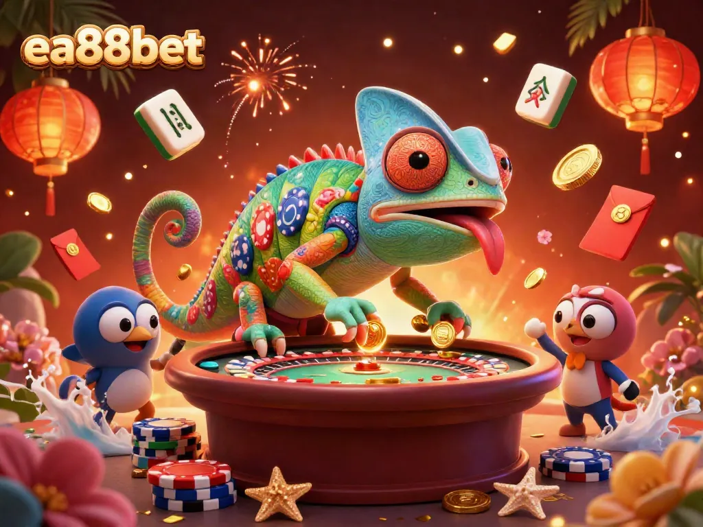 Engage with ea88bet's vibrant casino scene featuring a color-shifting chameleon capturing golden coins.