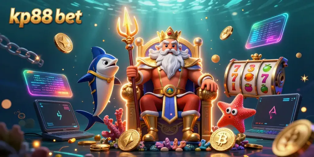 Engage in thrilling gaming adventures at kp88 bet with a captivating underwater casino scene featuring Neptune and treasures.