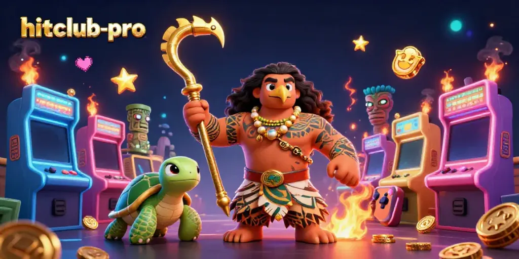 Engage with hitclub-pro's thrilling 3D gaming atmosphere featuring a Maui demigod, turtle sidekick, and vibrant arcade elements.