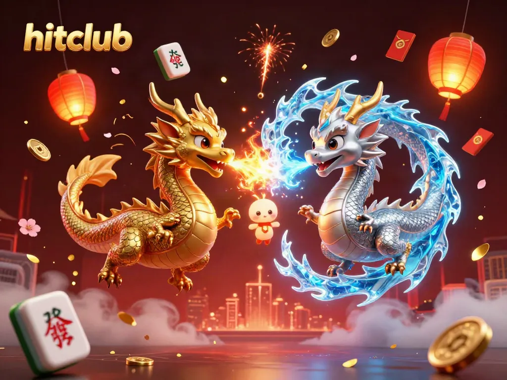 Hitclub's dynamic casino scene featuring cartoon dragons, lanterns, and vibrant gaming elements.